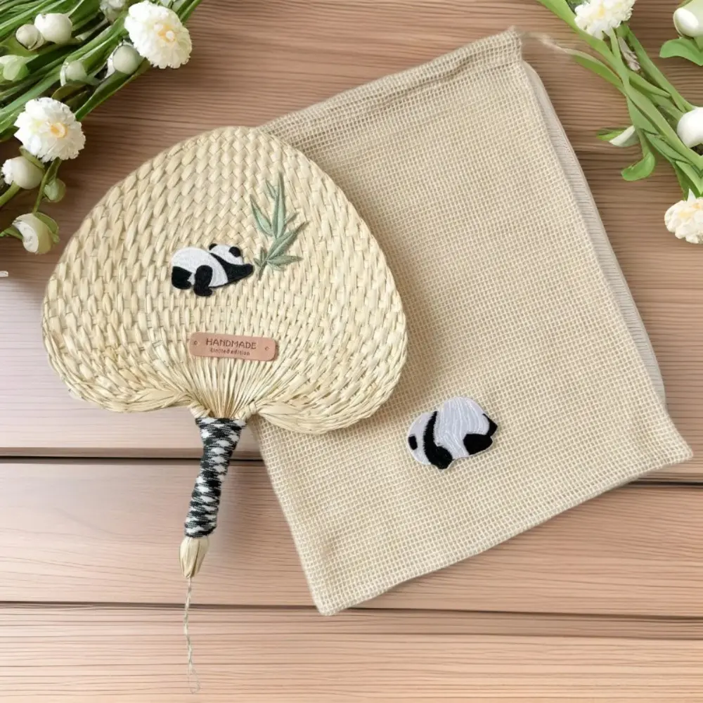 Durable Vintage Cattail Fan Chinese Style Pure Color Woven Fan Cartoon Embroidered Handheld Fan Wedding Decor