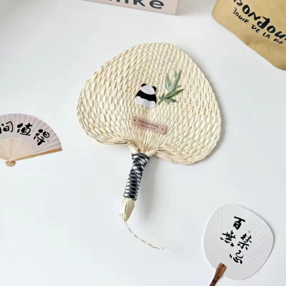 Durable Vintage Cattail Fan Chinese Style Pure Color Woven Fan Cartoon Embroidered Handheld Fan Wedding Decor