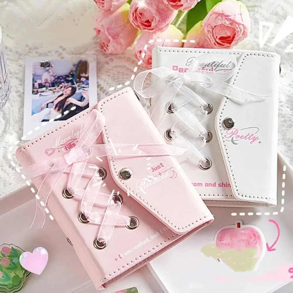 Cross Ribbon Mini Photo Album PU Leather Binder Design Ribbon Bow Photocard Sweet Multi-pockets Picture Case Idol Cards