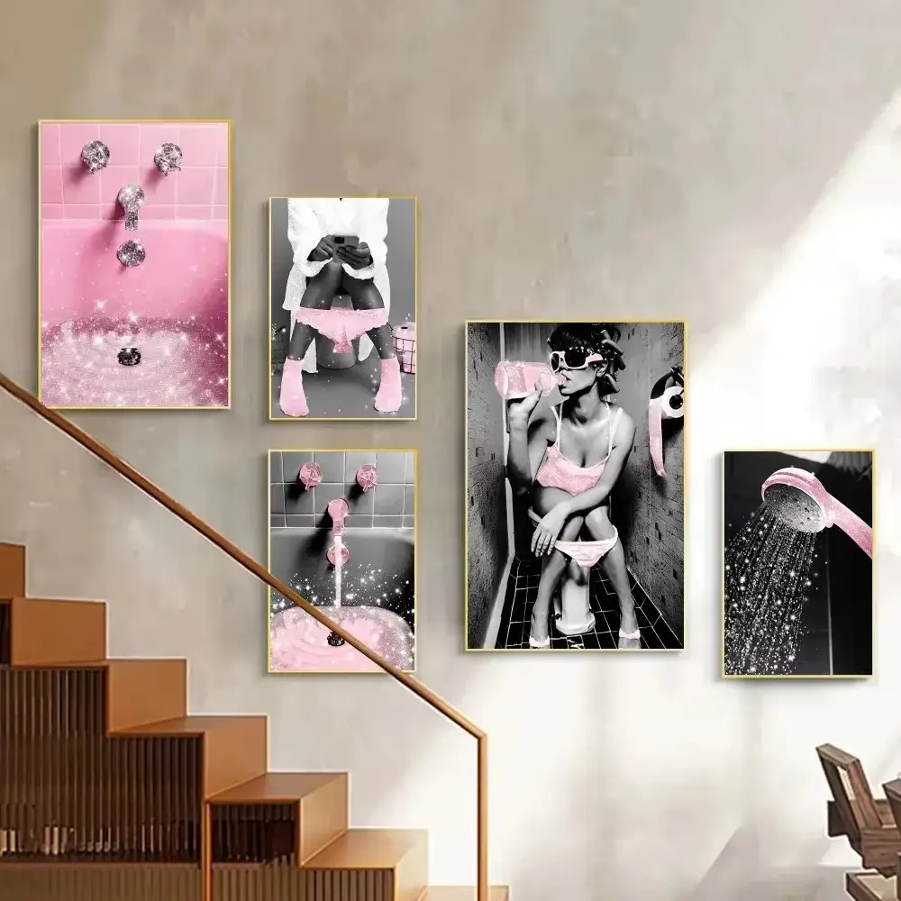 2Pcs Fashion Shiny Woman Posters Toilet Painting Elegant Decorative Pink Glitter Decor Painting DIY Canvas Wall Art Living Room