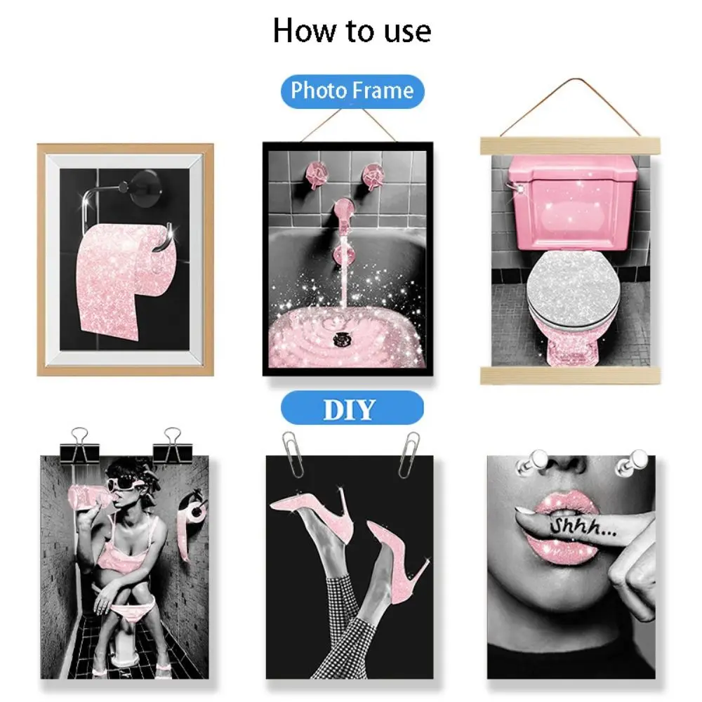 2Pcs Fashion Shiny Woman Posters Toilet Painting Elegant Decorative Pink Glitter Decor Painting DIY Canvas Wall Art Living Room