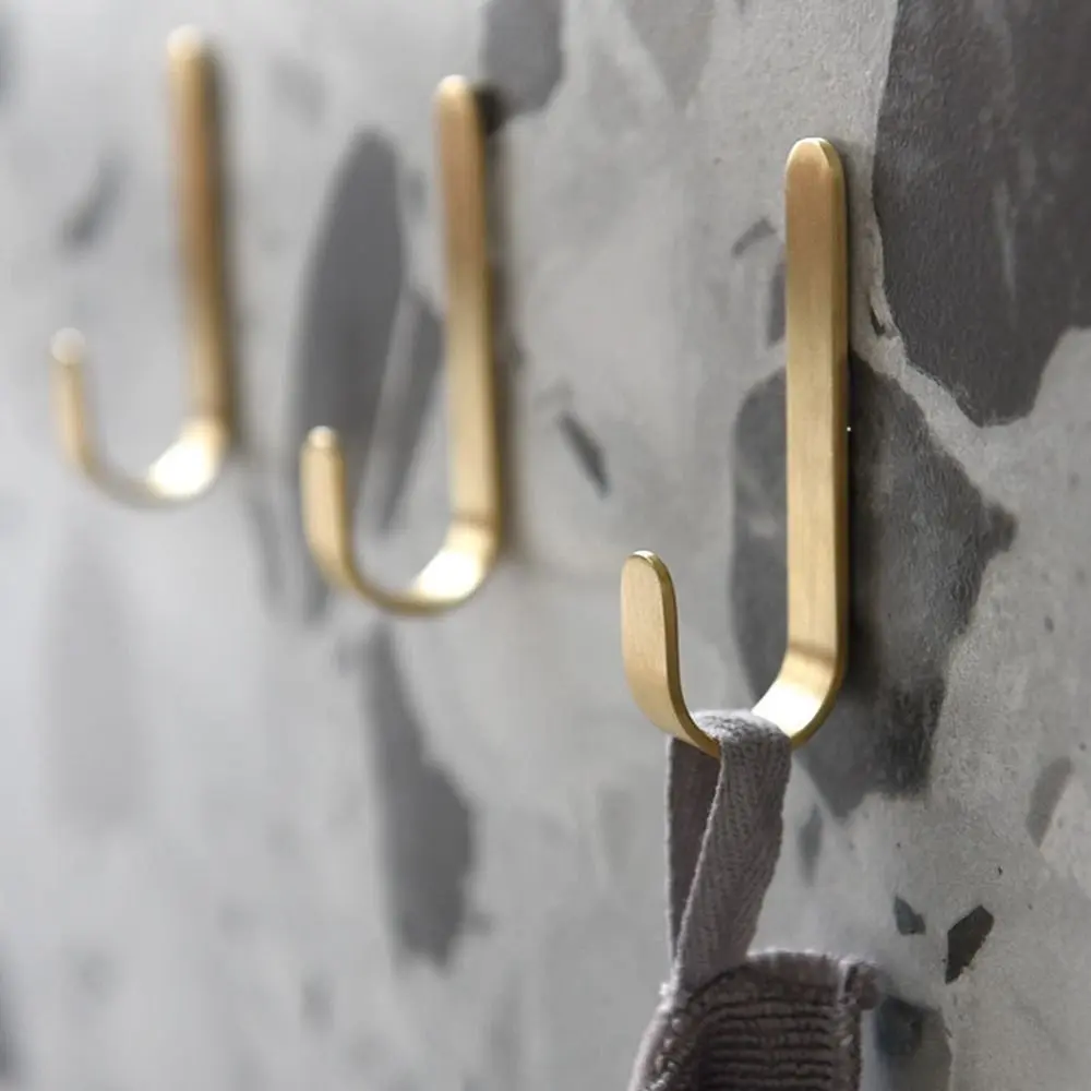 Wall Mounted Brass Wall Hook Gold J Shaped Towel Hanger Clothes Hook Behind-door