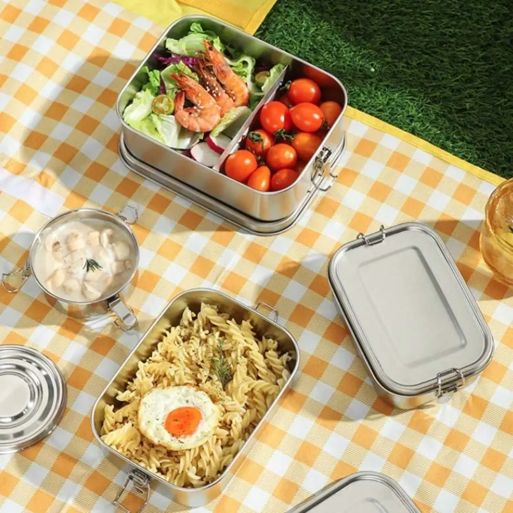 Rectangular 304 Stainless Steel Lunch Box Separated with Sealing Strip Food Container Removable Partitions Leakproof