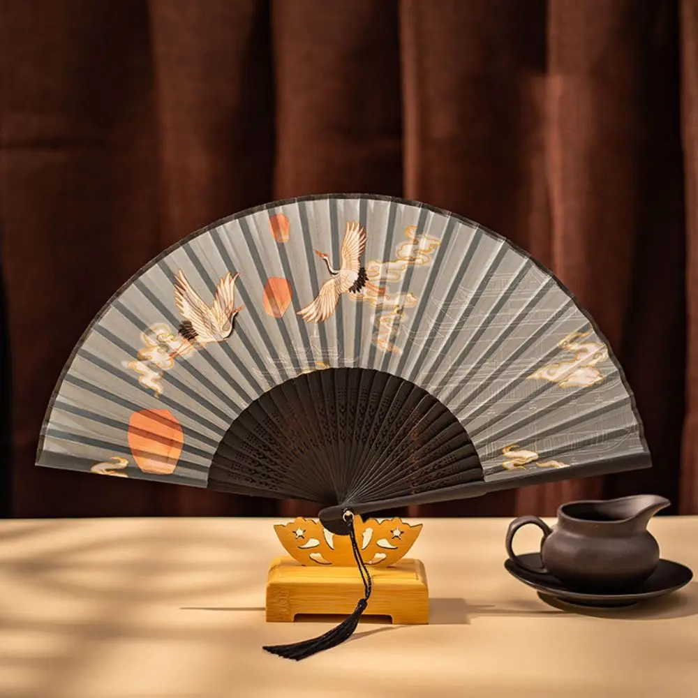 Portable Summer Folding Fan Folding With Tassel Handheld Tassel Fan Bamboo Silk Cloth Hanfu Photography