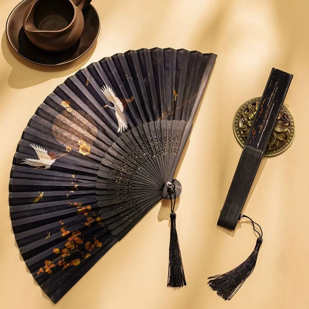 Portable Summer Folding Fan Folding With Tassel Handheld Tassel Fan Bamboo Silk Cloth Hanfu Photography