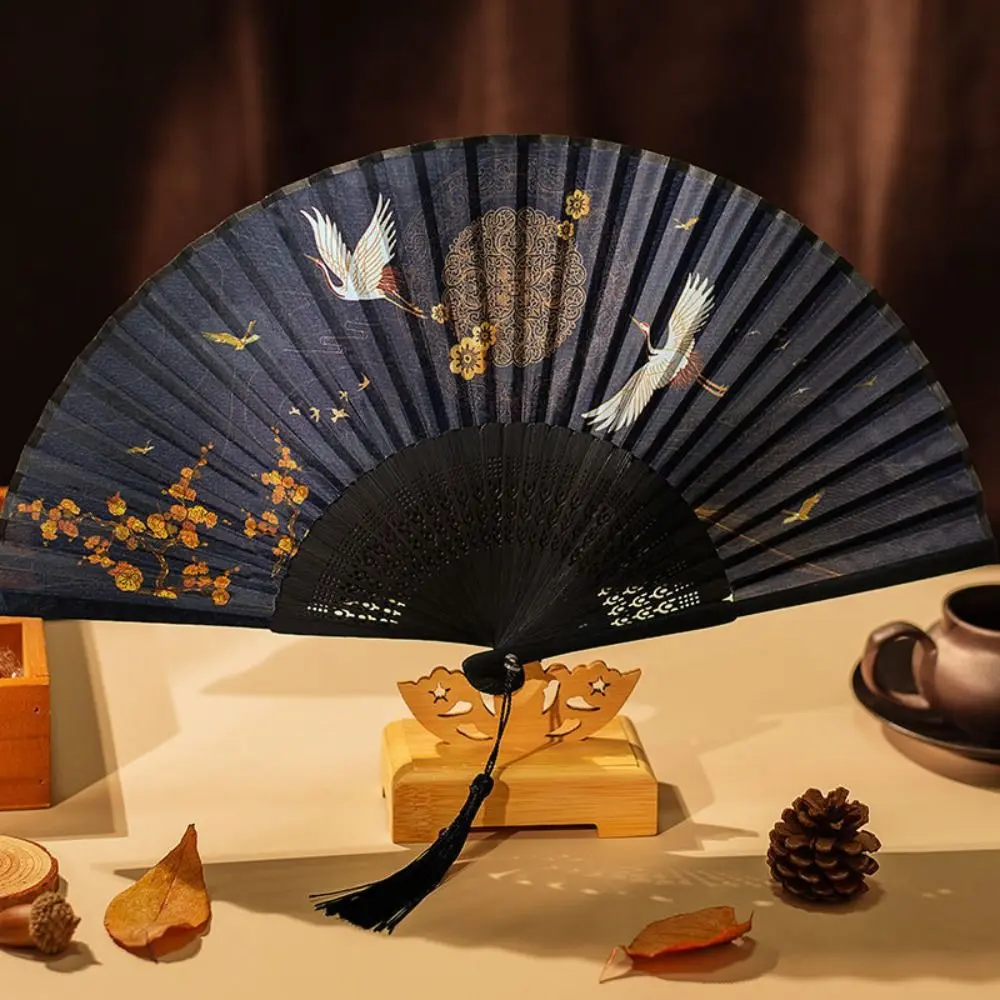 Portable Summer Folding Fan Folding With Tassel Handheld Tassel Fan Bamboo Silk Cloth Hanfu Photography
