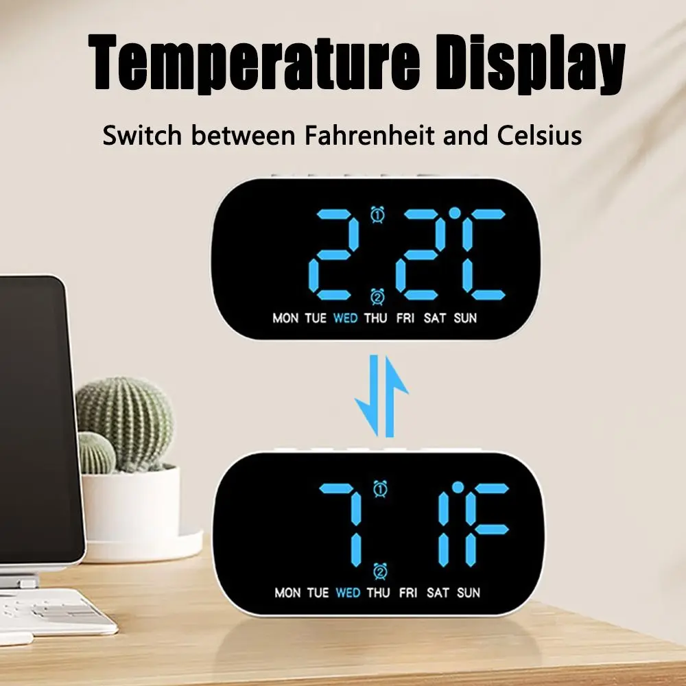 Large Display Digital Alarm Clock Temperature Display Multi Functional LED Digital Clock 5 Levels Brightness Two Sets Alarms