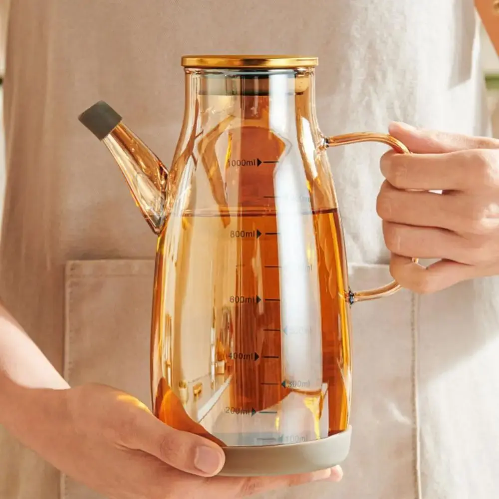 Large Capacity Cooking Oil Bottle Leakproof Rubber Base Glass Oil Cruet Container Comfortable Handle Refillable Vinegar Jug