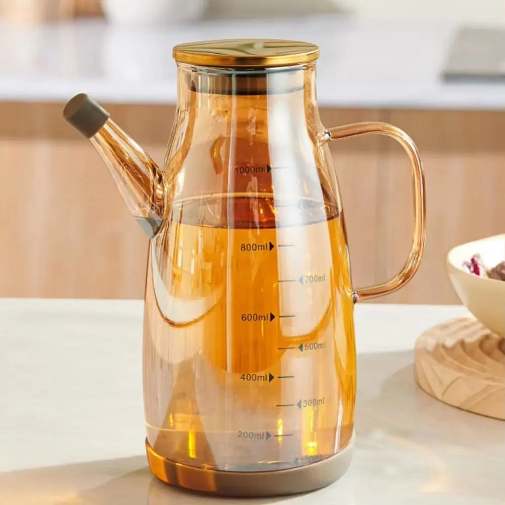 Large Capacity Cooking Oil Bottle Leakproof Rubber Base Glass Oil Cruet Container Comfortable Handle Refillable Vinegar Jug