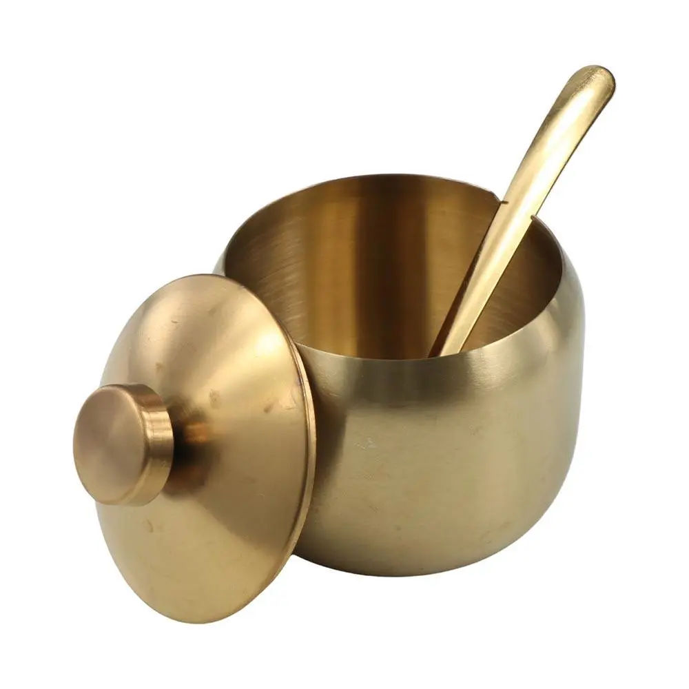 Useful Stainless Steel Sugar Bowl Gold Silver Large Capacity Seasoning Pot with Spoon Lid Durable Storage Jar Kitchen Supplies