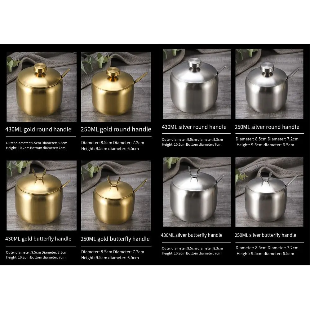 Useful Stainless Steel Sugar Bowl Gold Silver Large Capacity Seasoning Pot with Spoon Lid Durable Storage Jar Kitchen Supplies