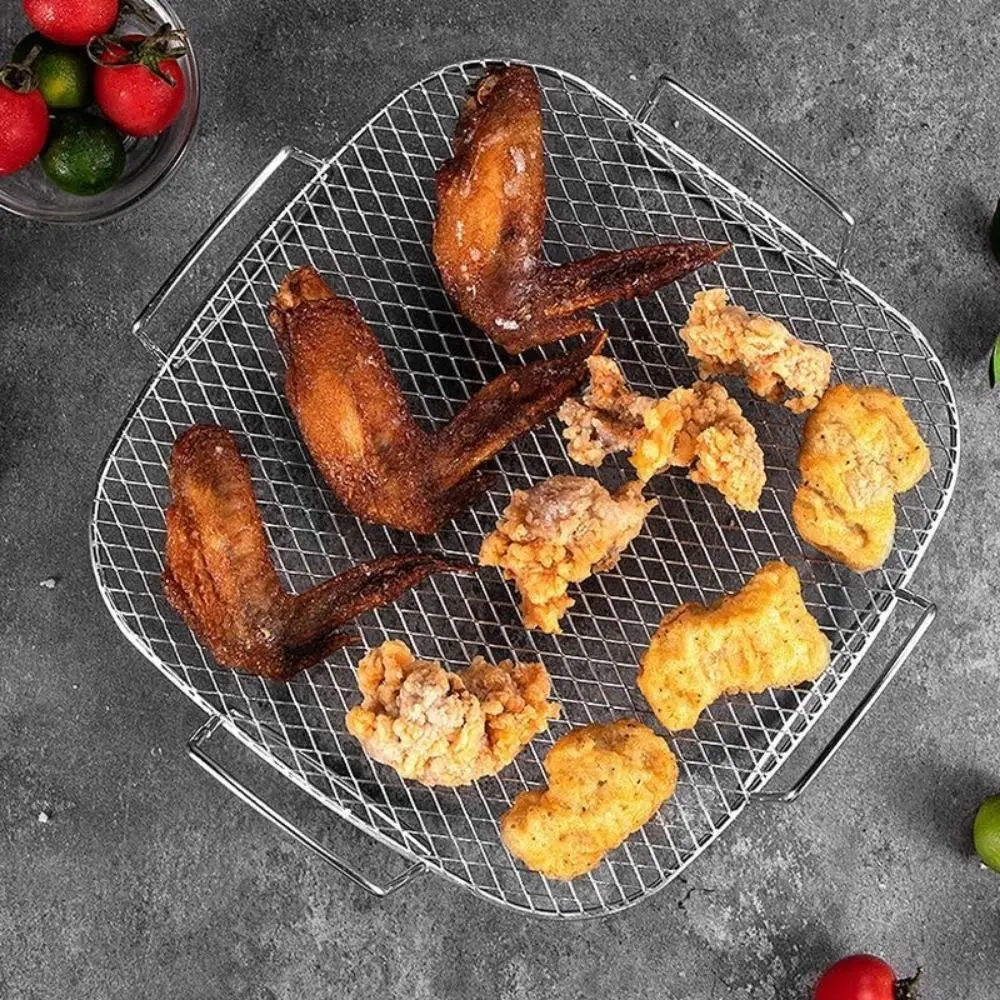 Stainless Steel Mesh Air Fryer Baking Rack Rust-proof Handle Air Fry Basket Heat-resistant Dehydrator Oven Grilling Self Kitchen
