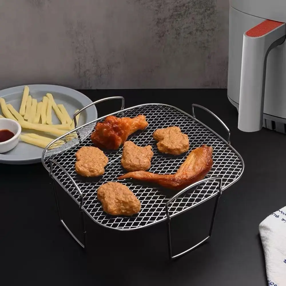 Stainless Steel Mesh Air Fryer Baking Rack Rust-proof Handle Air Fry Basket Heat-resistant Dehydrator Oven Grilling Self Kitchen
