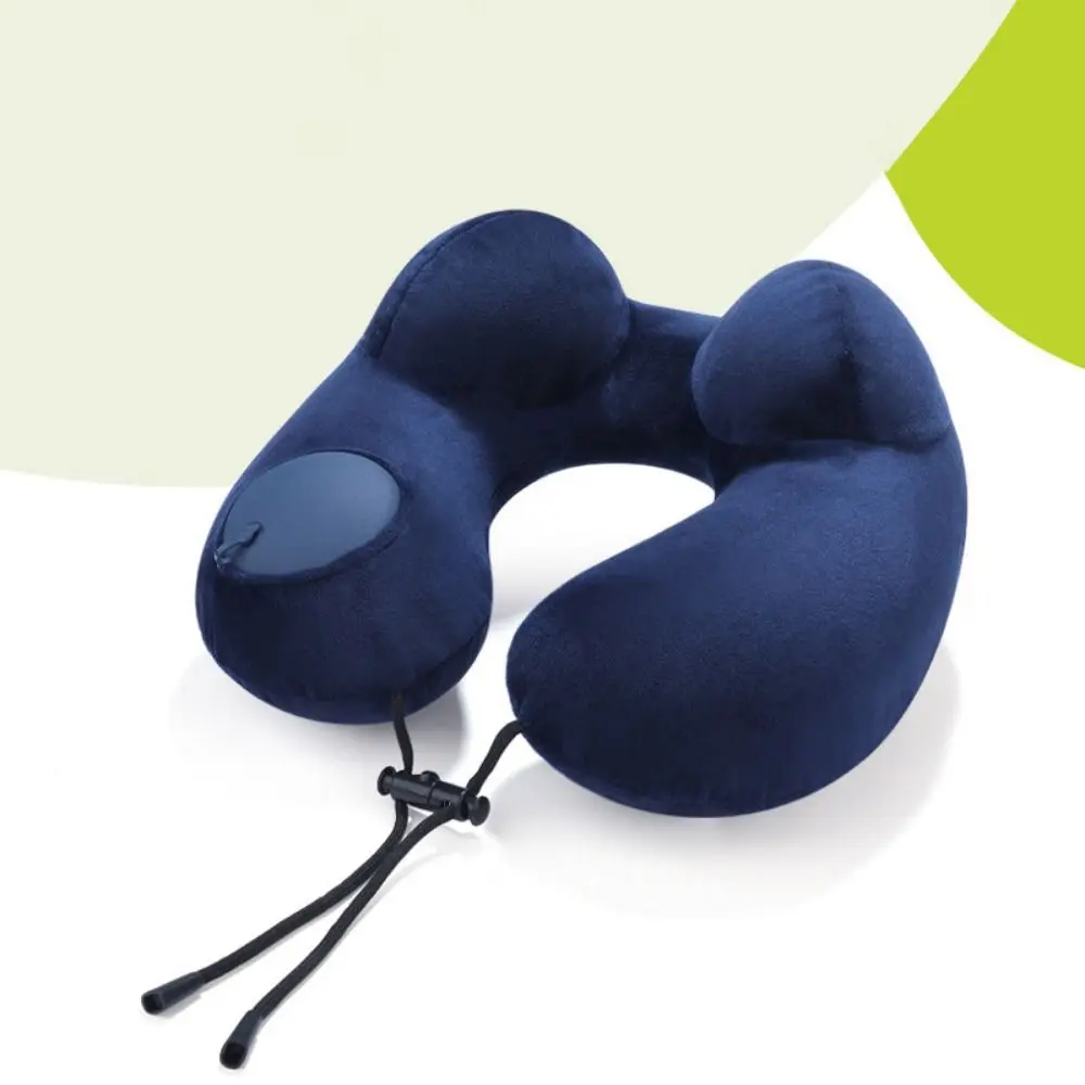 U-Shaped Inflatable Travel Pillow Hand Pressing Foldable Neck Support Cushion with Storage Bag Save Space Neckrest Pad