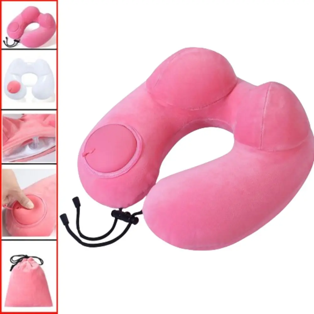 U-Shaped Inflatable Travel Pillow Hand Pressing Foldable Neck Support Cushion with Storage Bag Save Space Neckrest Pad