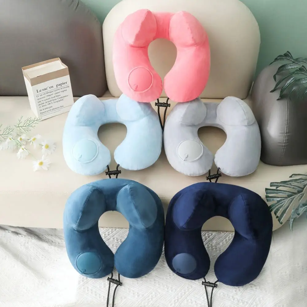 U-Shaped Inflatable Travel Pillow Hand Pressing Foldable Neck Support Cushion with Storage Bag Save Space Neckrest Pad