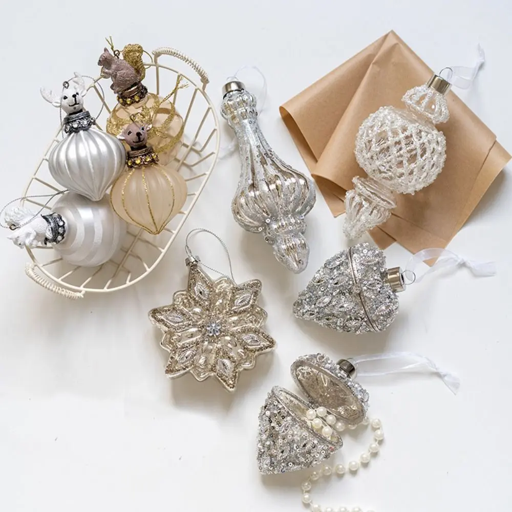Merry Christmas Glass Christmas Tree Pendant Sliver Elk Hanging Ornament Shining Snowflake Xmas Pendant Home Decoration