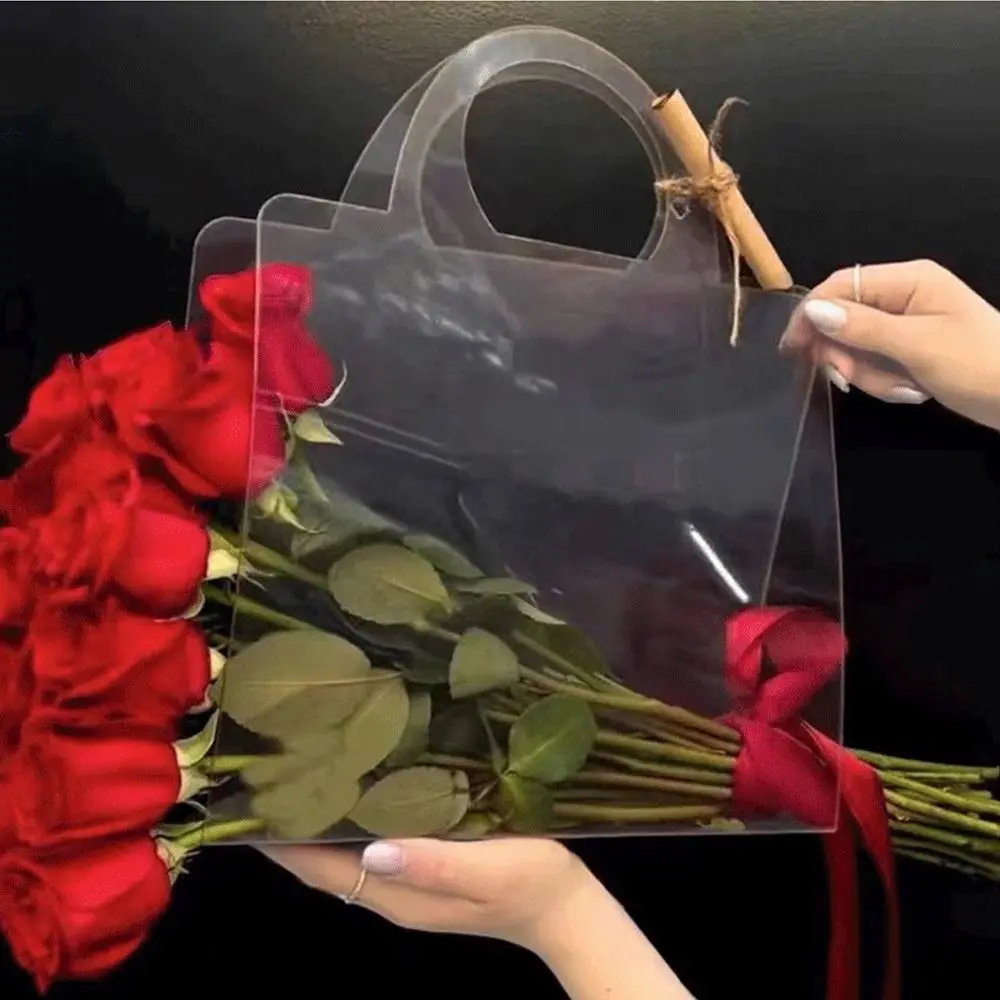 PET Transparent Flower Handbag Clear Multifunctional Flower Bouquet Wrapping Boxes with Handle Flower Bag Valentine's Day Gift