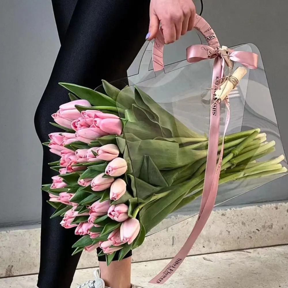 PET Transparent Flower Handbag Clear Multifunctional Flower Bouquet Wrapping Boxes with Handle Flower Bag Valentine's Day Gift