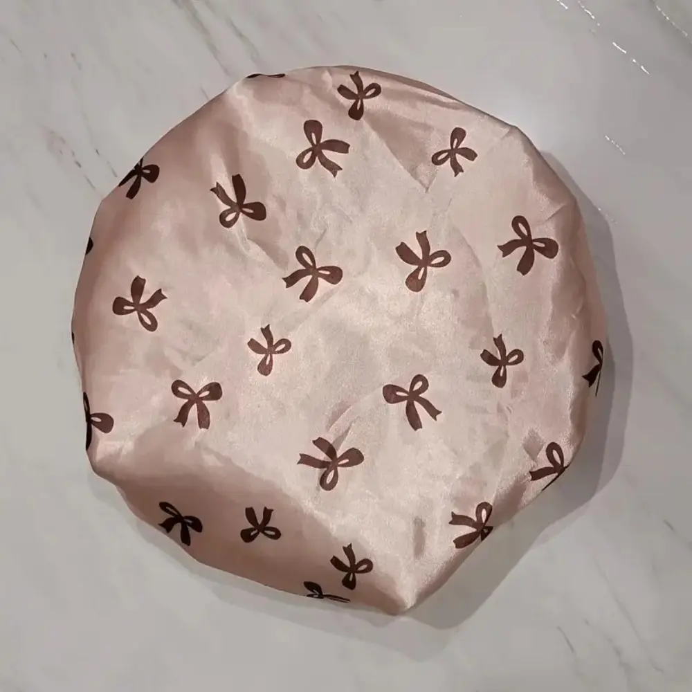 Waterproof Double Layer Shower Caps Anti-Fouling Elegant Bow Pattern Design Bath Caps Reusable Thickened Hair Hat Women