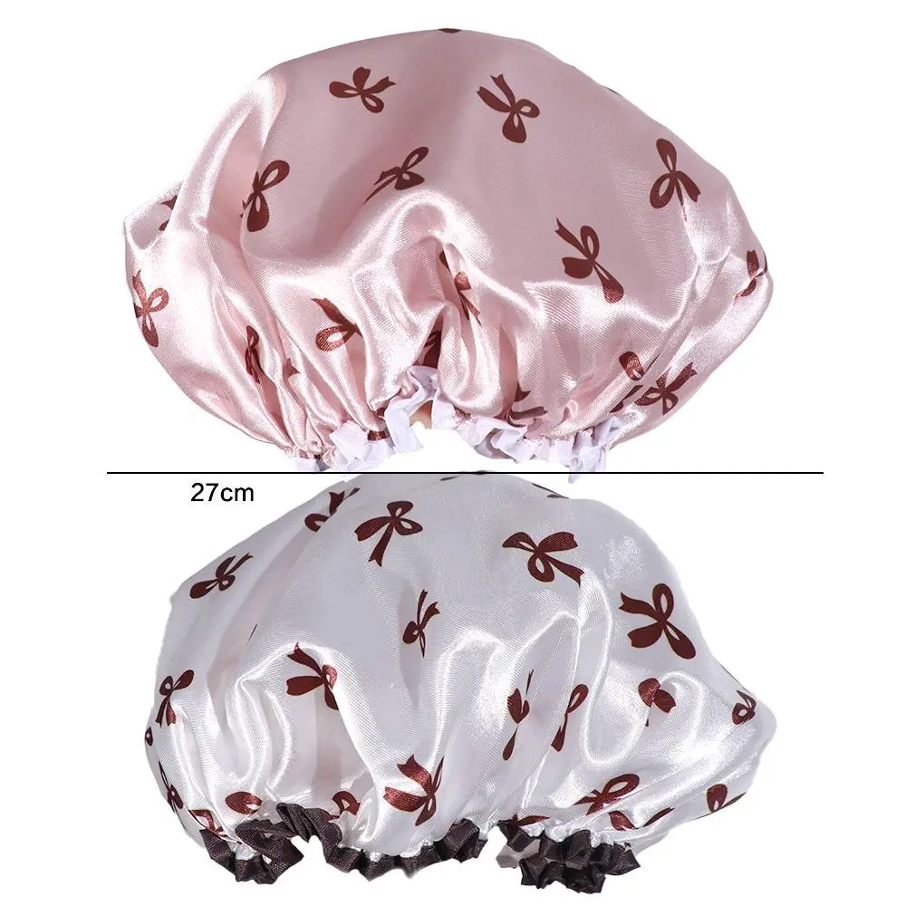 Waterproof Double Layer Shower Caps Anti-Fouling Elegant Bow Pattern Design Bath Caps Reusable Thickened Hair Hat Women