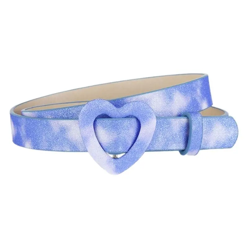 652F Punk PU Waist Belt for Jean Heart Buckle Hip Hop Belt Waistband Glinting Buckle with Encrusted Glitter
