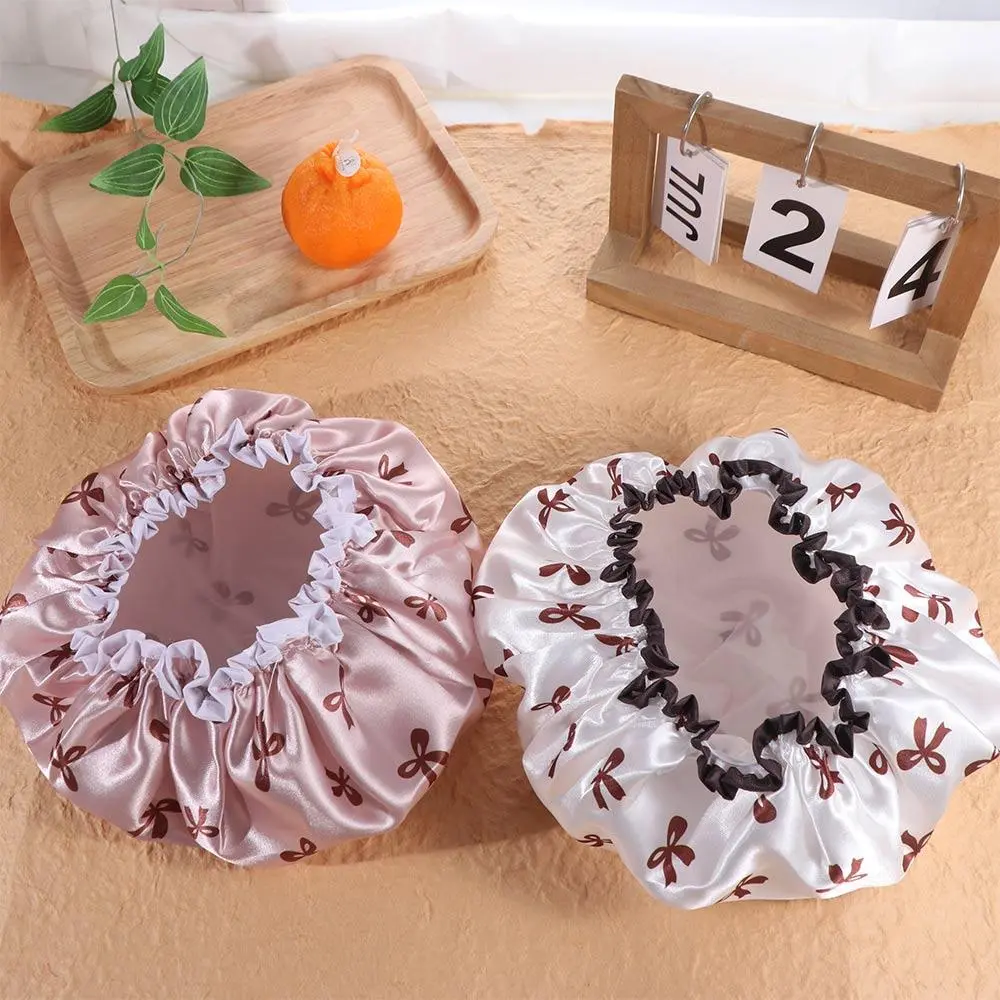 Waterproof Double Layer Shower Caps Anti-Fouling Elegant Bow Pattern Design Bath Caps Reusable Thickened Hair Hat Women