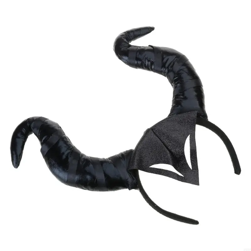 652F Children Kids Black Devil Wing Ox Horn Headband Halloween Witch Evil Queen Hair Hoop Performances Cosplay Props