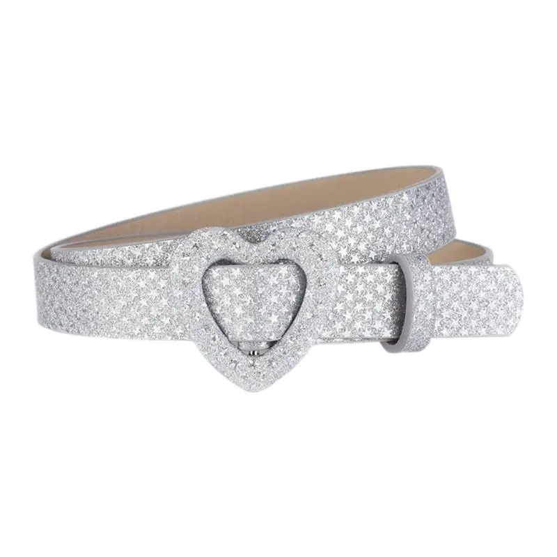 652F Punk PU Waist Belt for Jean Heart Buckle Hip Hop Belt Waistband Glinting Buckle with Encrusted Glitter