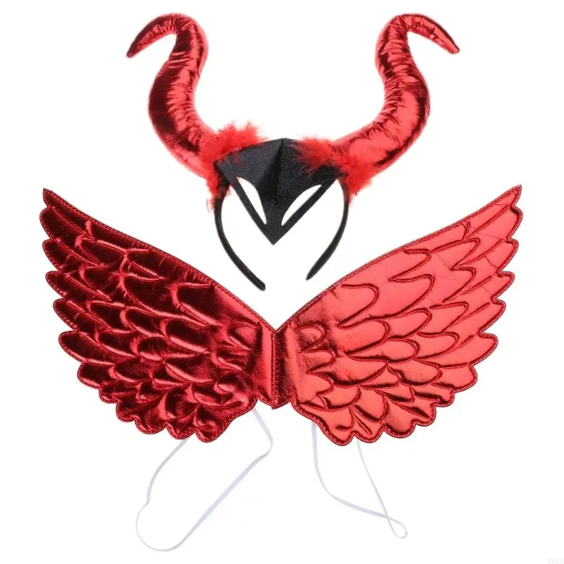 652F Children Kids Black Devil Wing Ox Horn Headband Halloween Witch Evil Queen Hair Hoop Performances Cosplay Props