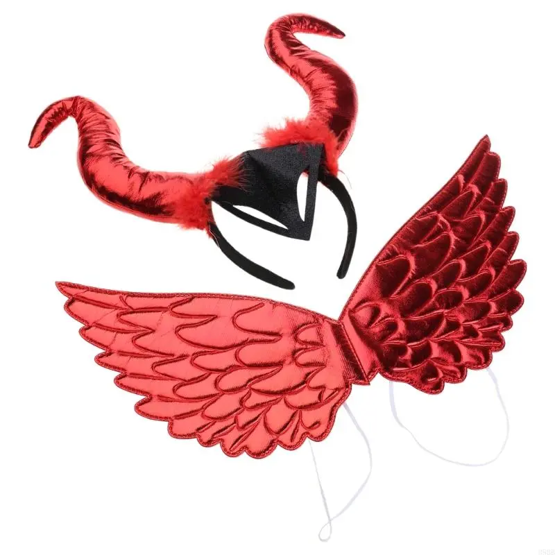 652F Children Kids Black Devil Wing Ox Horn Headband Halloween Witch Evil Queen Hair Hoop Performances Cosplay Props