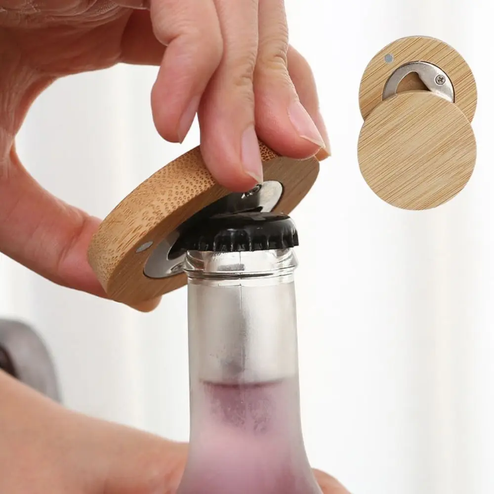 5pcs Bar Accessory Round Bamboo Blank Bottle Opener DIY Smooth-surfaced Beer Opener Magnetic Fridge Magnet Soda