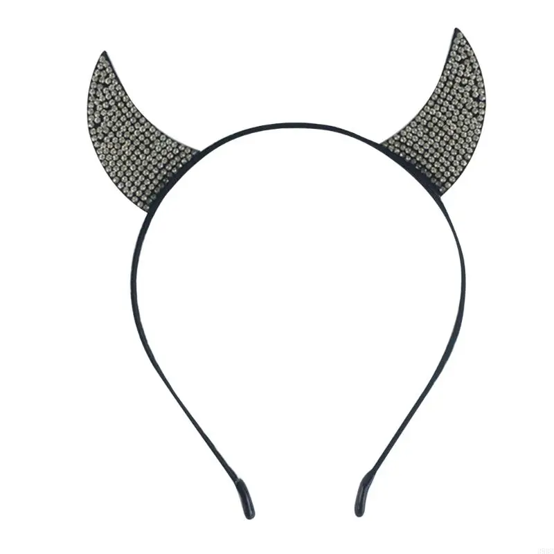 652F Vintage Devil Horns Hair Hoop Rhinestones Crystal Headwear Headband Halloween Party Halloween Themed Headband