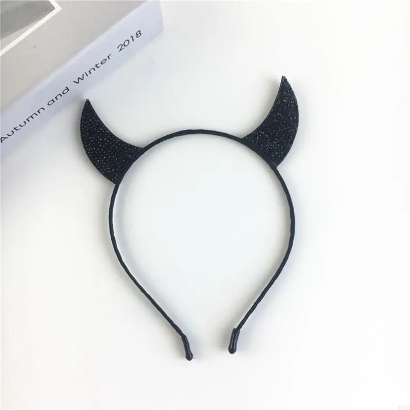 652F Vintage Devil Horns Hair Hoop Rhinestones Crystal Headwear Headband Halloween Party Halloween Themed Headband
