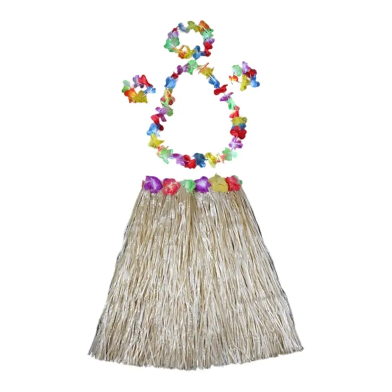 652F 60cm Hawaiian Hulas Grass Skirt with Bracelet Headband Necklace Flower Costume Accessories Themed Decorations