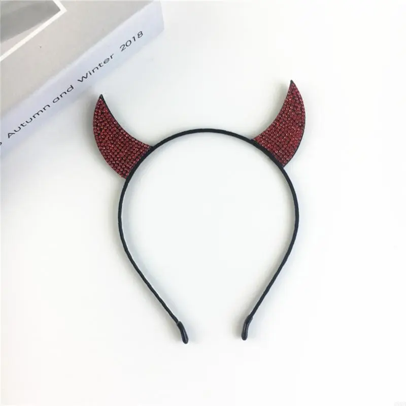 652F Vintage Devil Horns Hair Hoop Rhinestones Crystal Headwear Headband Halloween Party Halloween Themed Headband