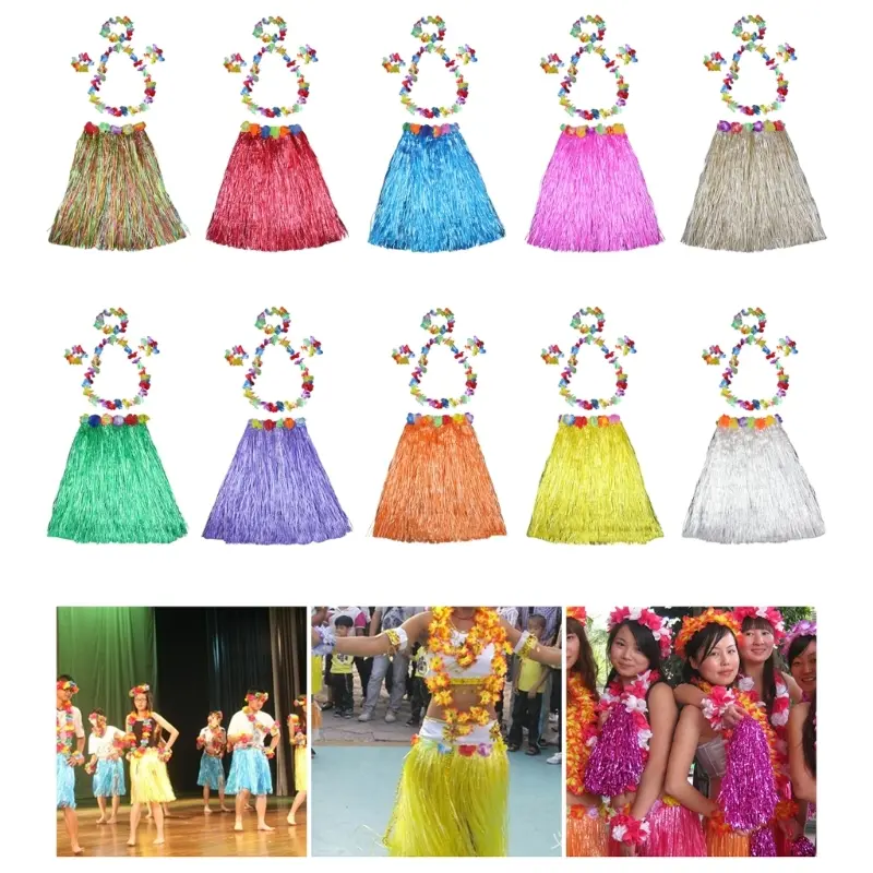 652F 60cm Hawaiian Hulas Grass Skirt with Bracelet Headband Necklace Flower Costume Accessories Themed Decorations