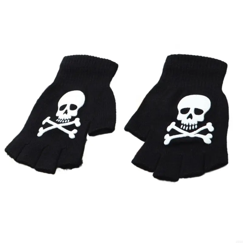 652F Skeleton Gloves Warm Thermal Gloves Half Finger Gloves Winter Warm Lining Stylish Handwear for Halloween
