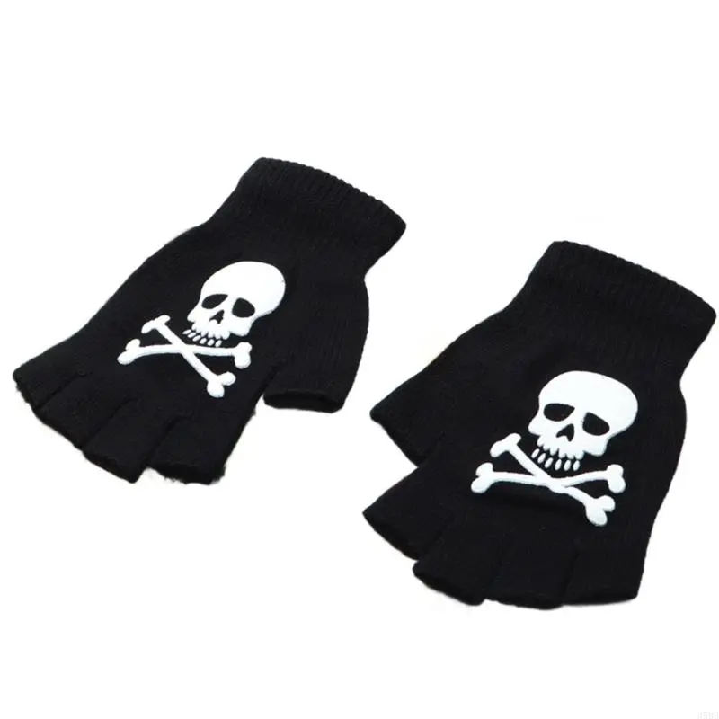 652F Skeleton Gloves Warm Thermal Gloves Half Finger Gloves Winter Warm Lining Stylish Handwear for Halloween