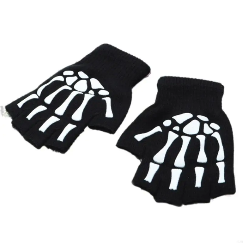 652F Skeleton Gloves Warm Thermal Gloves Half Finger Gloves Winter Warm Lining Stylish Handwear for Halloween