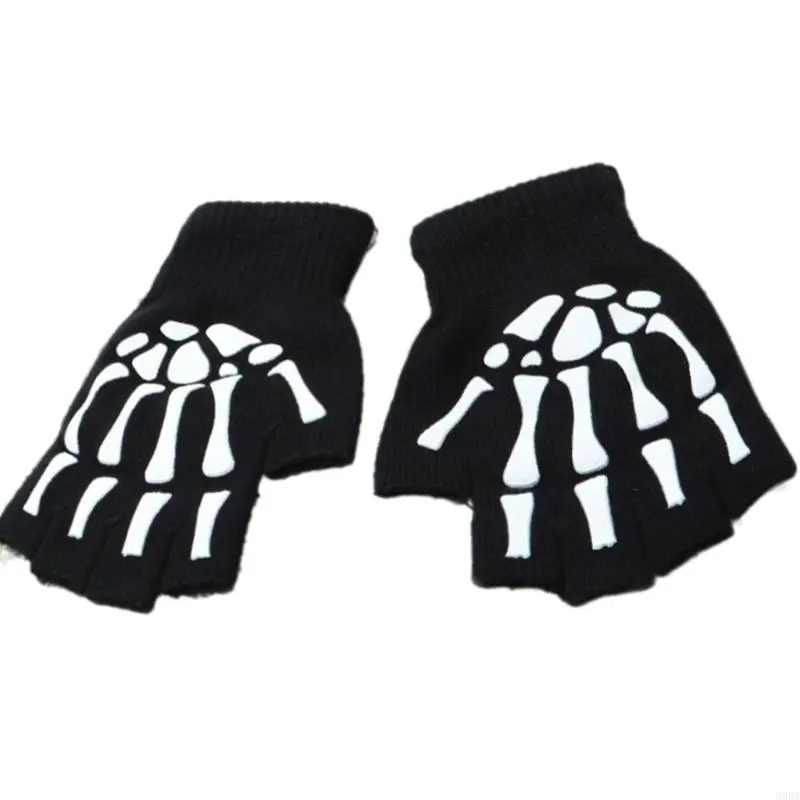 652F Skeleton Gloves Warm Thermal Gloves Half Finger Gloves Winter Warm Lining Stylish Handwear for Halloween