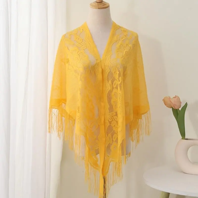 652F Women Lace Tassels Shoulder Wrap Sheer Flower Pattern Shawl for Women Girl Beach Vacation and Evening Parties