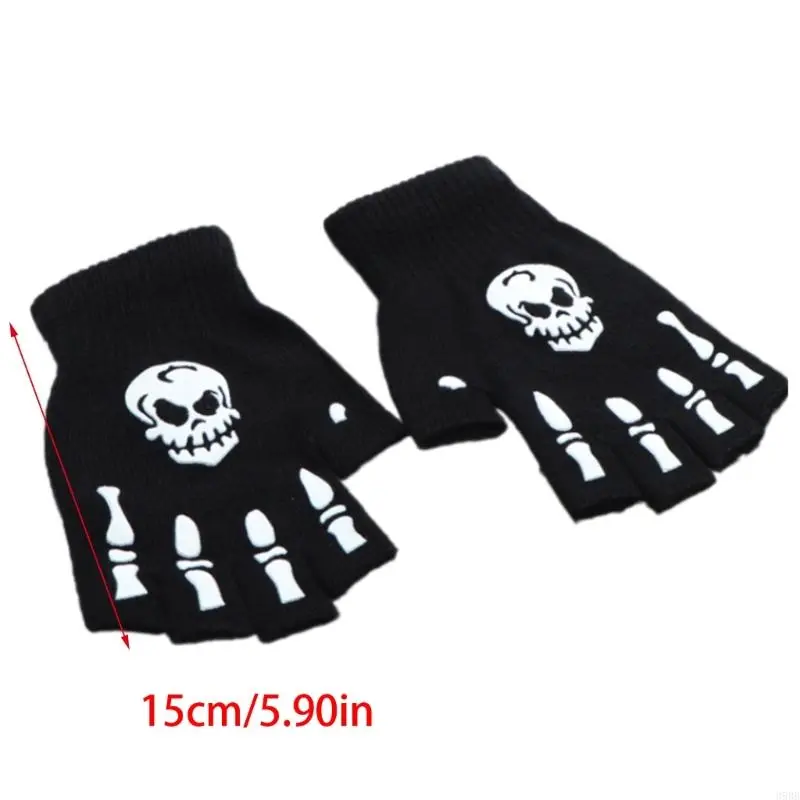 652F Skeleton Gloves Warm Thermal Gloves Half Finger Gloves Winter Warm Lining Stylish Handwear for Halloween