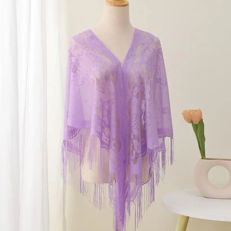 652F Women Lace Tassels Shoulder Wrap Sheer Flower Pattern Shawl for Women Girl Beach Vacation and Evening Parties