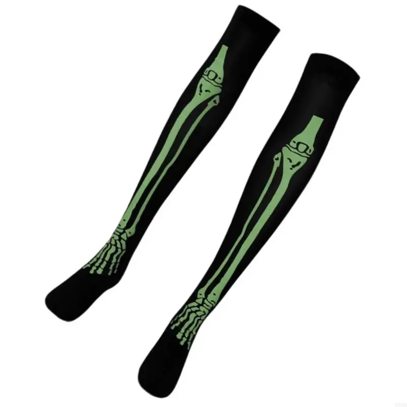 652F Halloween Skeleton Gloves Stockings Set Luminous Long Socks Full Finger Skeleton Gloves Horrible Tights for Carnivals