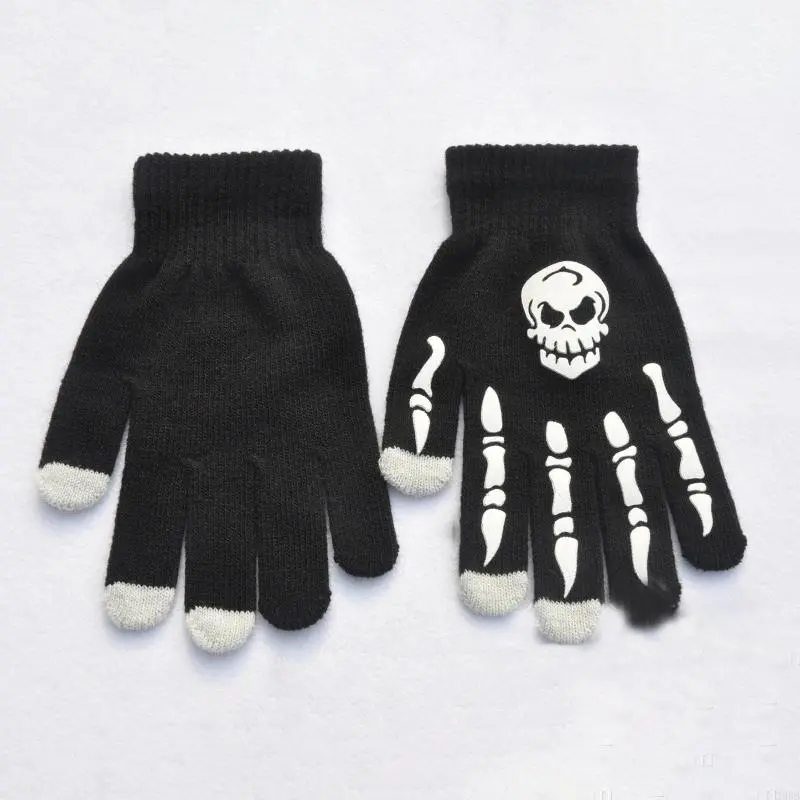 for Creative Luminous Skull Gloves Non Slip Hand Warmer Knitted Gloves Skull Bone Wrist Gloves for Halloween Supplies