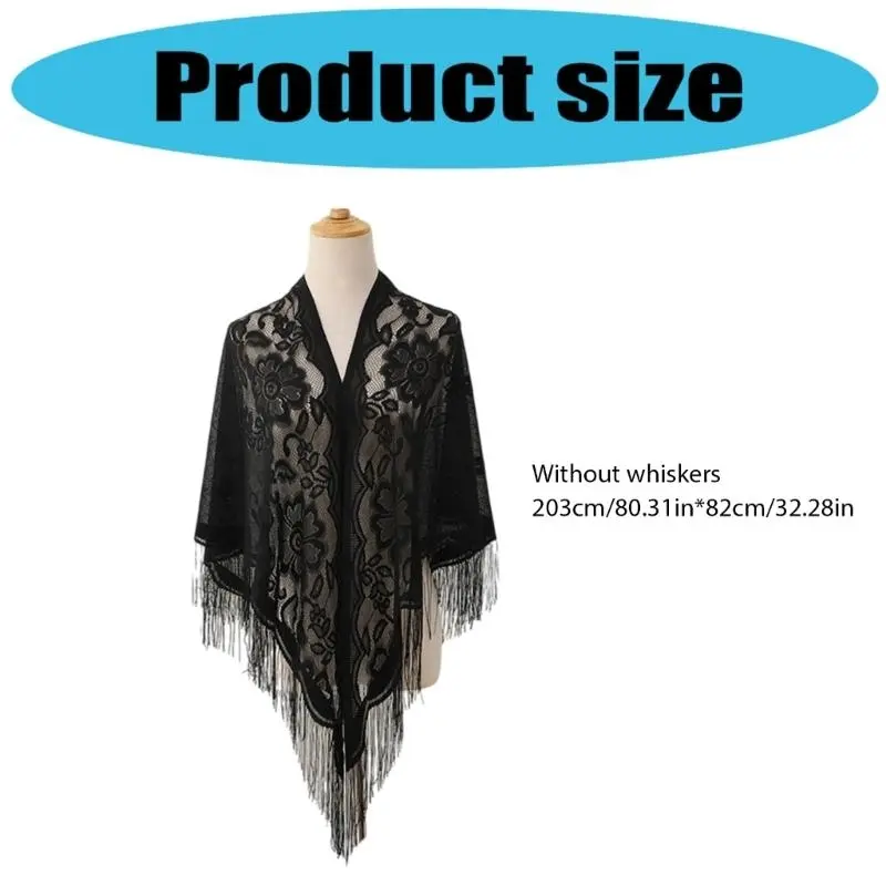 652F Women Lace Tassels Shoulder Wrap Sheer Flower Pattern Shawl for Women Girl Beach Vacation and Evening Parties