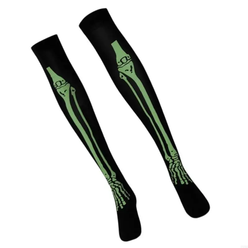 652F Halloween Skeleton Gloves Stockings Set Luminous Long Socks Full Finger Skeleton Gloves Horrible Tights for Carnivals