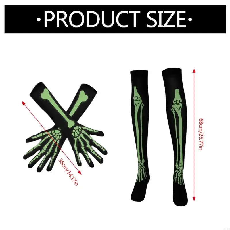 652F Halloween Skeleton Gloves Stockings Set Luminous Long Socks Full Finger Skeleton Gloves Horrible Tights for Carnivals