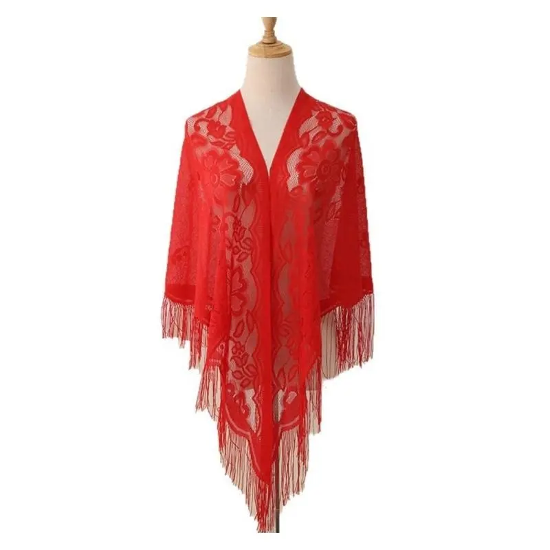 652F Women Lace Tassels Shoulder Wrap Sheer Flower Pattern Shawl for Women Girl Beach Vacation and Evening Parties